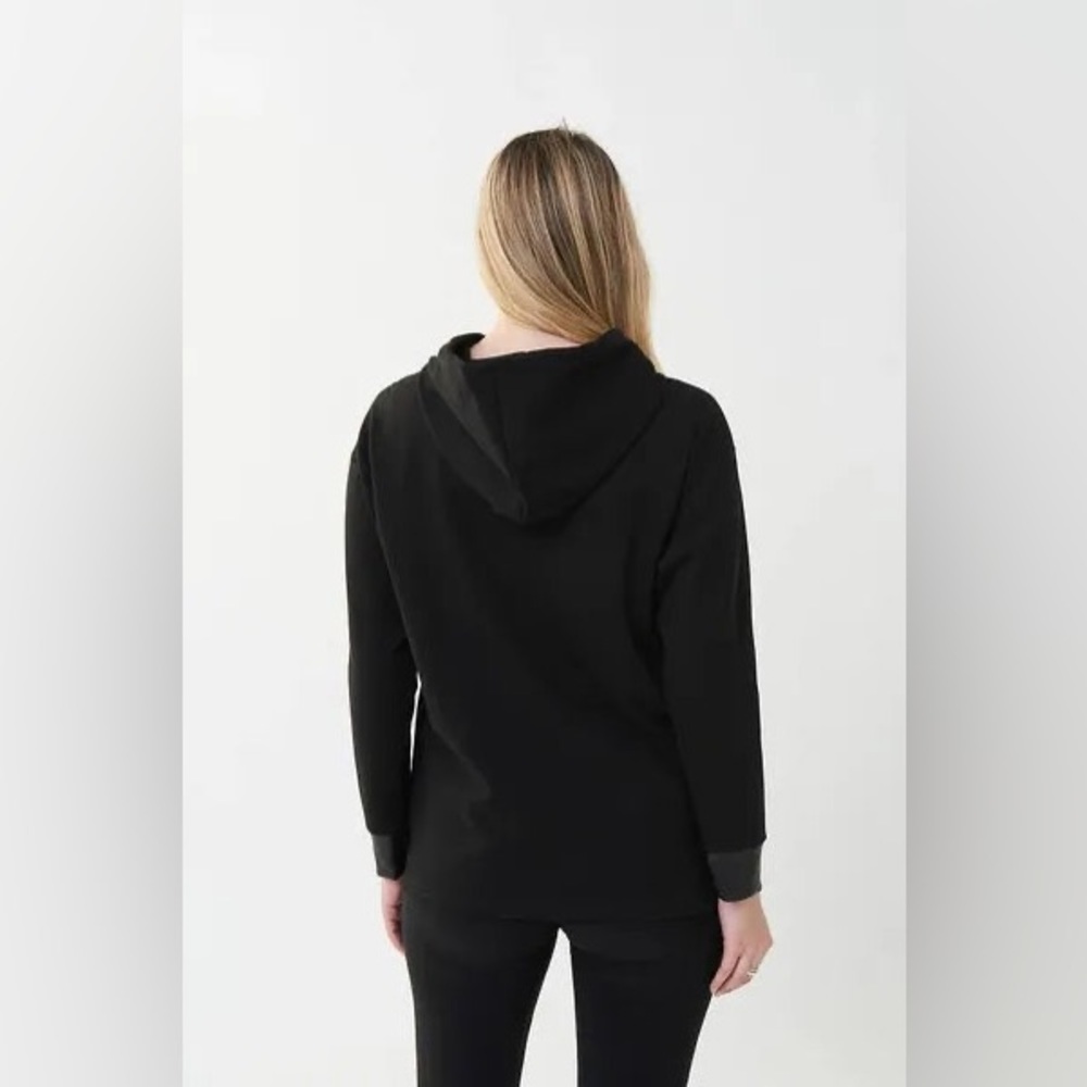 JOSEPH RIBKOFF Faux Leather 10 Black Hoodie Zipper Accent Drawstring Edgy Casual - Picture 2 of 10